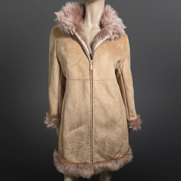 Vintage 90s Penny Lane Coat Beige Faux Fur Faux Suede Size L Knee Length Boho - Picture 1 of 12